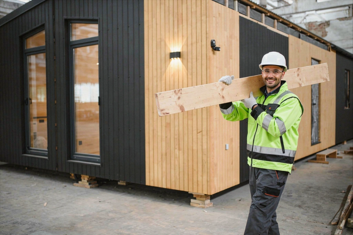 ADU Now LA construction worker carrying building materials for backyard ADU project
